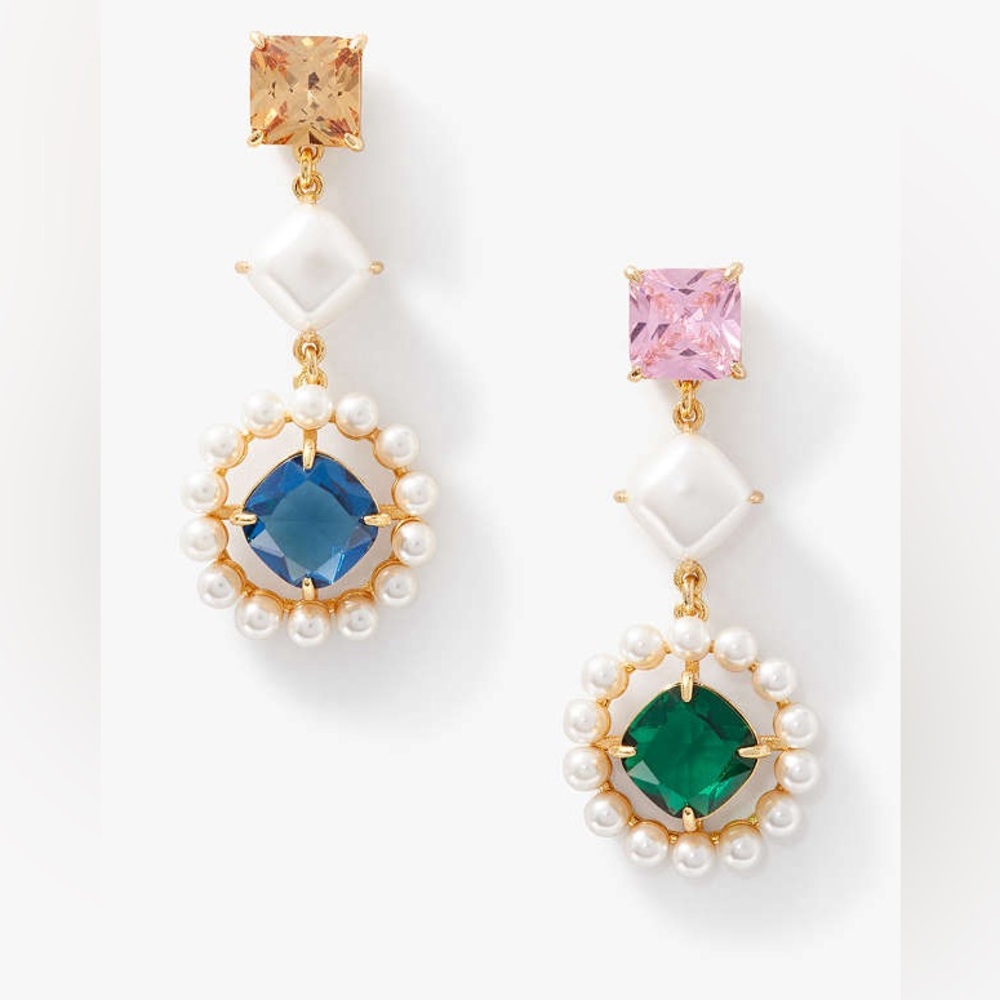 NWT Kate Spade Victoria Linear Gold, Pearls, Blue & Green Statement Earrings